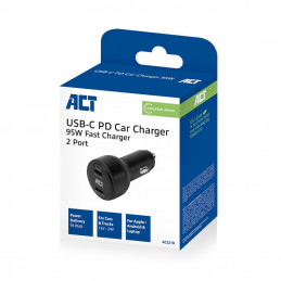 ACT 2-port USB-C Fast Car Charger 95W with PD, QC and GaNFast Black