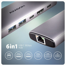 AXAGON HMC-6G2L USB-C 10Gbps 6in1 Hub Silver