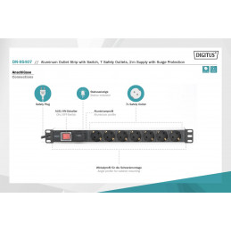 Digitus Aluminum outlet strip with switch 7 safety outlets 2m supply with surge protection