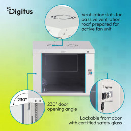 Digitus Dynamic DN-37104 19" 9U Falra szerelhető Rackszekrény Grey