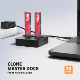 AXAGON ADSA-M2C22L USB-C 20Gbps docking station for 2× M.2 NVMe SSD with disk cloning function without PC