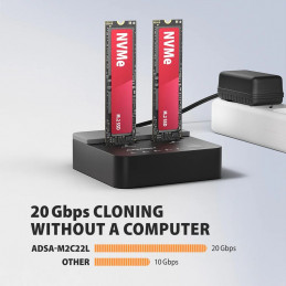 AXAGON ADSA-M2C22L USB-C 20Gbps docking station for 2× M.2 NVMe SSD with disk cloning function without PC