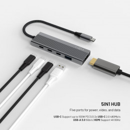 FIXED 5 portos USB-HUB, sötétszürke