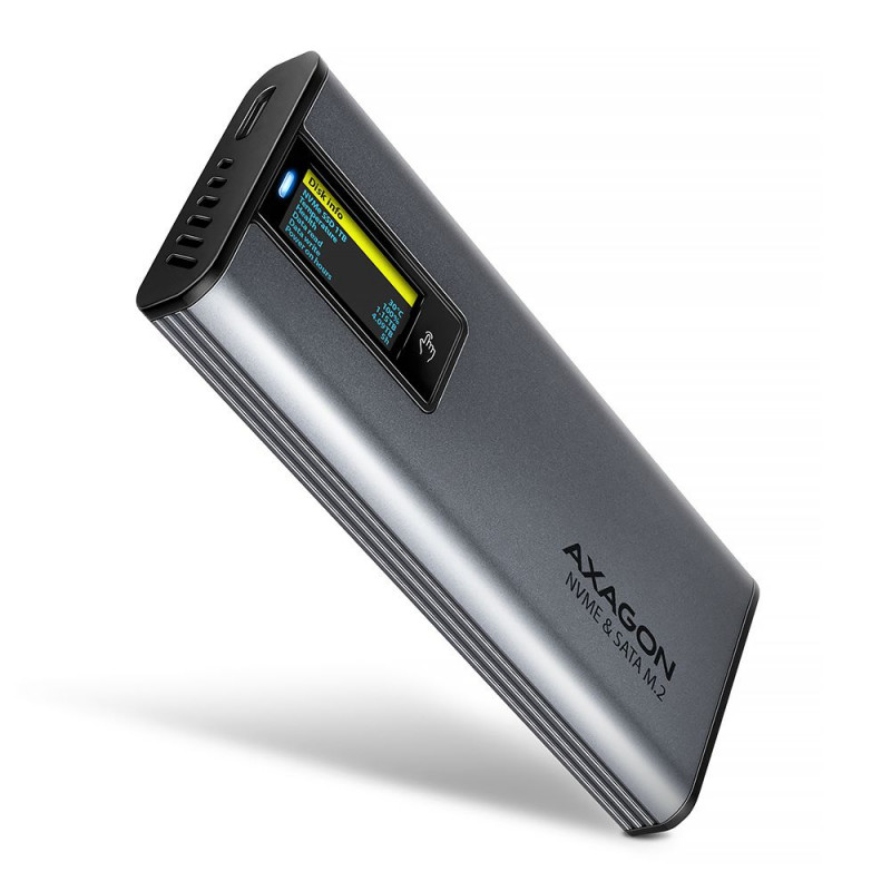 AXAGON EEM2-SD2 USB-C 10Gbps – M.2 NVMe & SATA SSD Display Box Silver