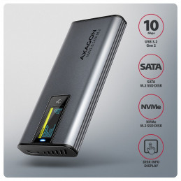 AXAGON EEM2-SD2 USB-C 10Gbps – M.2 NVMe & SATA SSD Display Box Silver