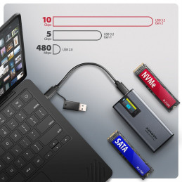 AXAGON EEM2-SD2 USB-C 10Gbps – M.2 NVMe & SATA SSD Display Box Silver