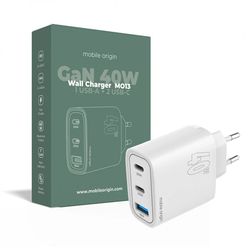 Mobile Origin GaN 40W Wall Charger MO13, 1 USB-A + 2 USB-C