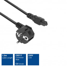 ACT Powercord mains connector Schuko CEE 7/7 male (angled) - C5 IEC 1,5m Black