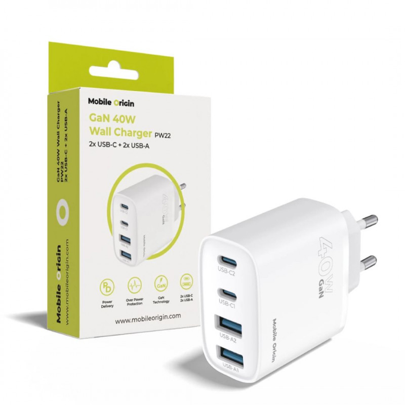 Mobile Origin 40W GaN Wall Charger PW22 2x USB-C+2x USB-A White