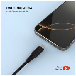 FIXED USB 2.0 hajlékony szilikon kábel USB-A/USB-C 0,3m, fekete