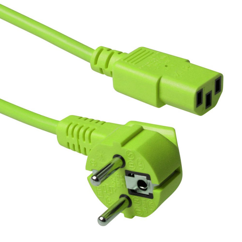 ACT Powercord mains connector Schuko CEE 7/7 male (angled) - C13 IEC 60320 0,6m Green