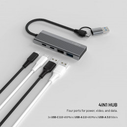 FIXED 4 portos USB-HUB, sötétszürke