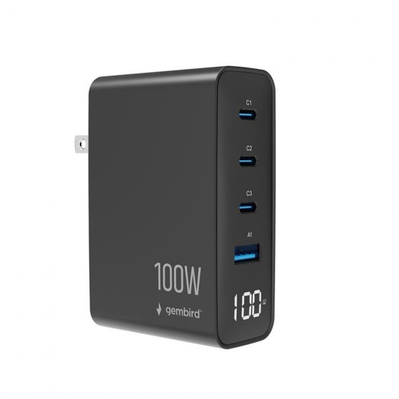 Gembird 4-port 100W GaN USB fast charger LCD Black