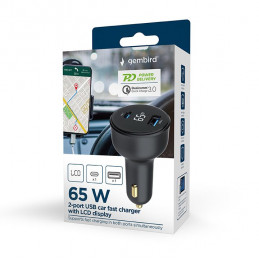 Gembird 2-Port USB Car Fast Charger Type-C PD LCD 65W Black
